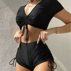 Women's Swim Set with Ruched Top and High-Waisted Bottoms