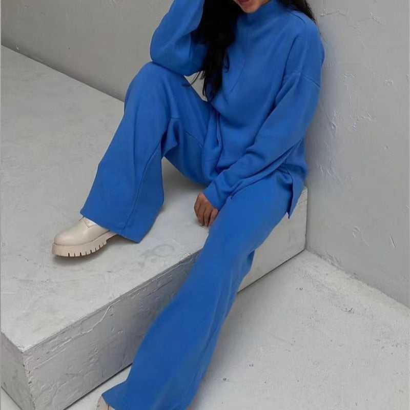 Women's Casual Knit Ensemble with Wide Cut and High Collar