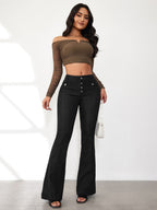 Women's High-Waisted Flared Jeans with Button Details