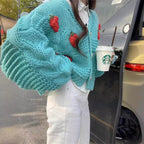 Women's Chunky Knit Cardigan with Floral Embroidery and Sparkling Buttons