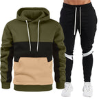 Men's sporty hoodie and jogger set with contrast trims, kangaroo pocket, elastic waistband, and tapered leg
