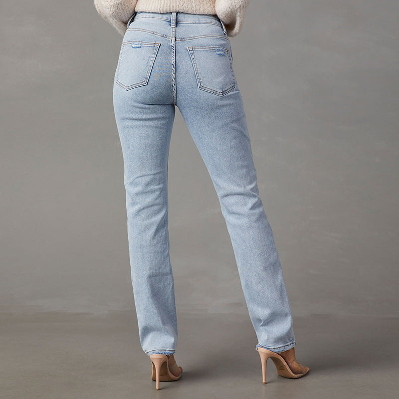 High-Waist Jeans with Casual Fit and Frayed Hem