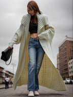 Women's Large Knit Coat with Deep Collar and Artistic Ribbed Pattern