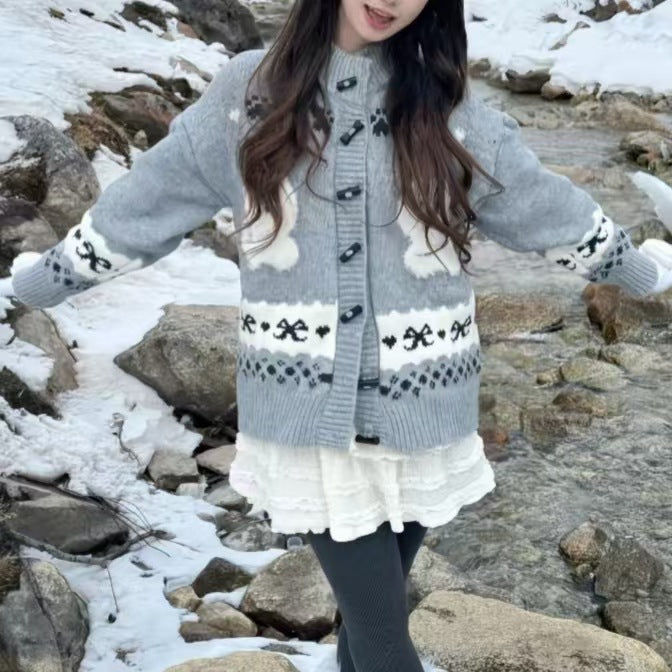 Women's Patterned Cardigan with Animal Motif and Button Details