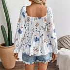 Women's Blouse with Floral Patterns and Voluminous Sleeves