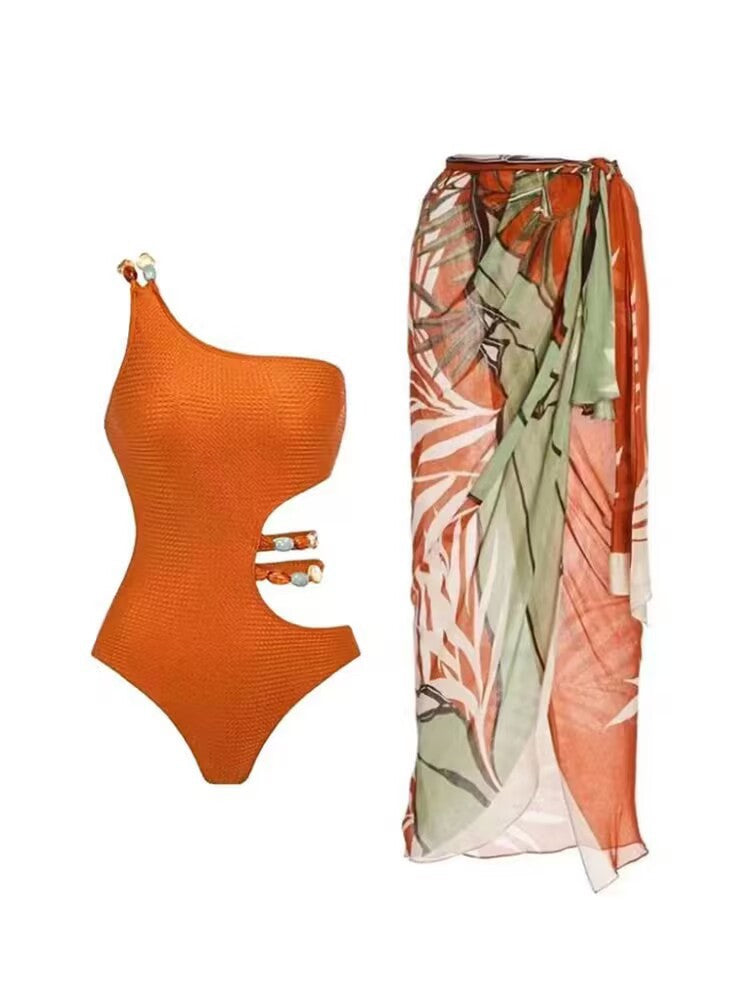 Women's Asymmetrical Swimsuit Set with Elegant Sarong