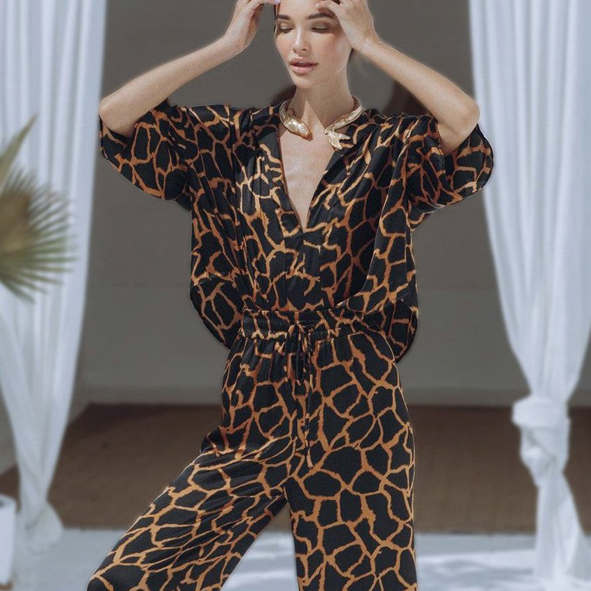 Women's Wide-Leg Jumpsuit with Giraffe Print