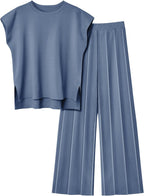 Elegant Women's Short-Sleeve Top and Pleated Trousers Set