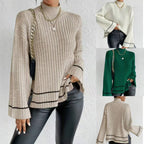 Women's Elegant Knit Sweater with High Collar and Wide Cuffs