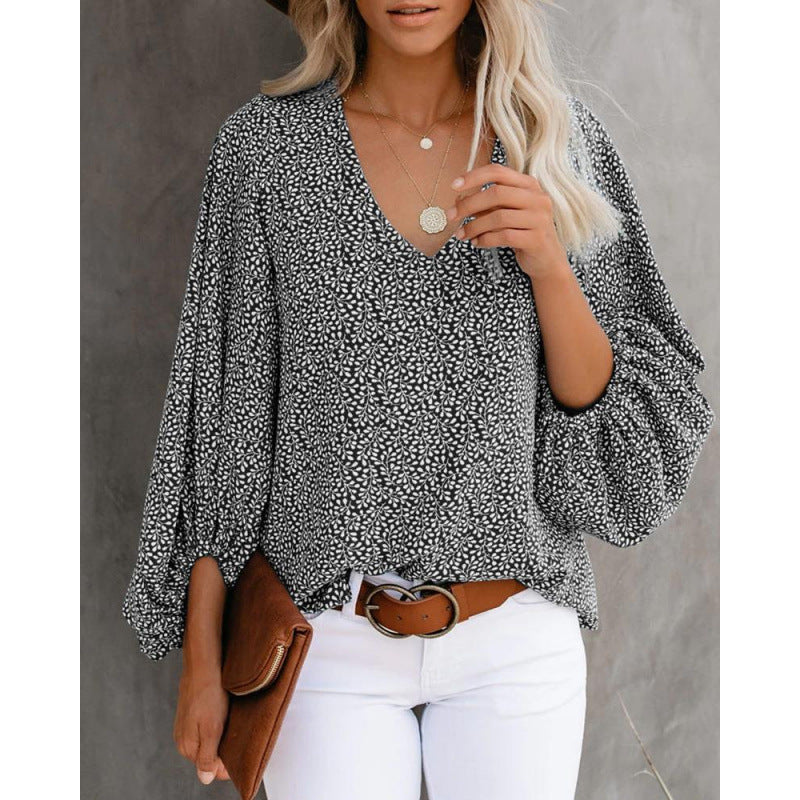 Women's Blouse with Wide Puff Sleeves and V-Neck