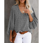 Women's Blouse with Wide Puff Sleeves and V-Neck
