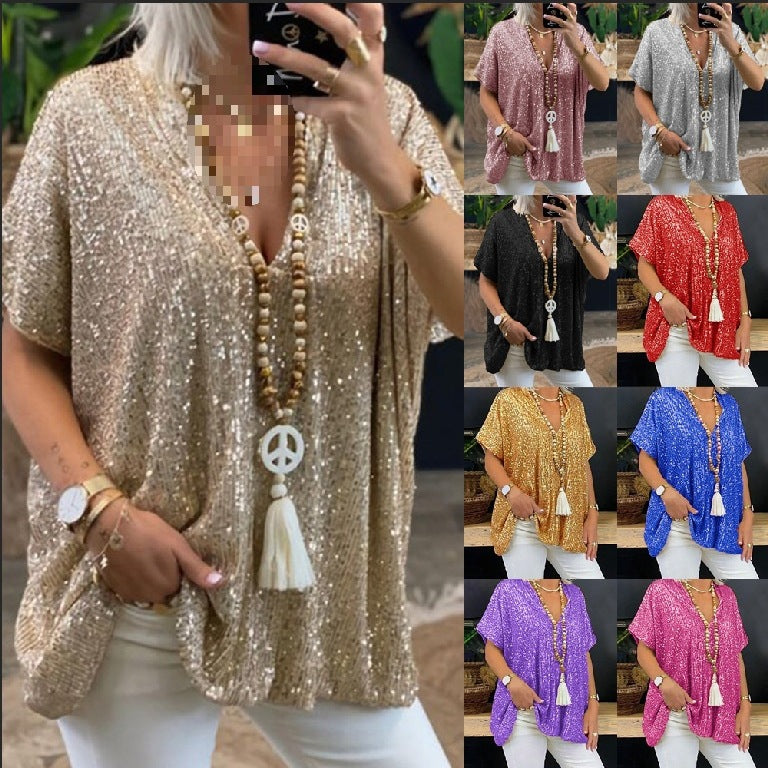 Women's Glamorous Sequin Tunic Shirt with V-Neck