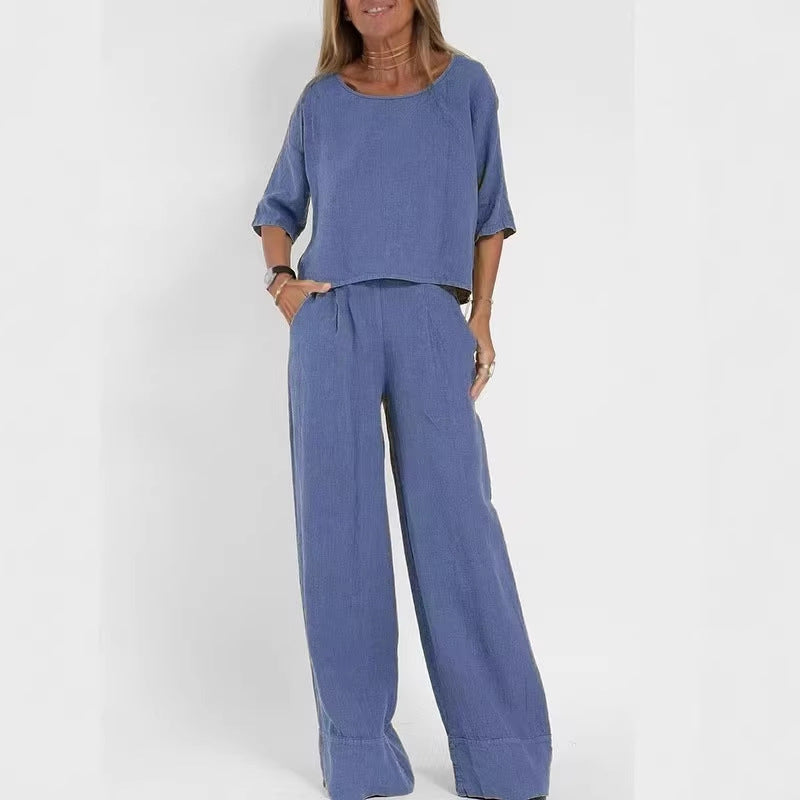 Women's Casual Linen Suit Set with Wide-Leg Pants and Cropped Top