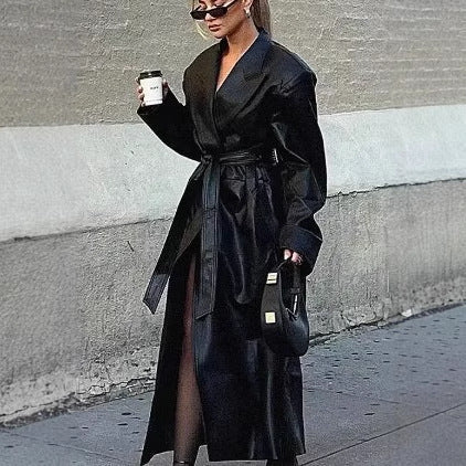 Women's Faux Leather Trench Coat with Belt
