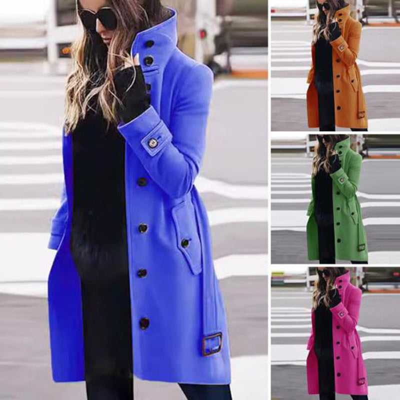 Women's Elegant High-Collar Coat with Practical Pockets