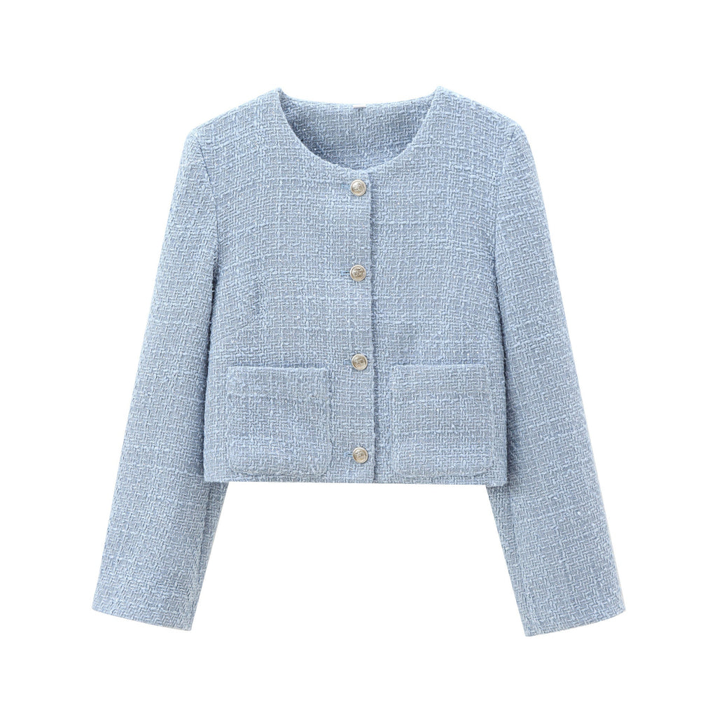 Women's Elegant Tweed-Style Short Jacket with Pockets