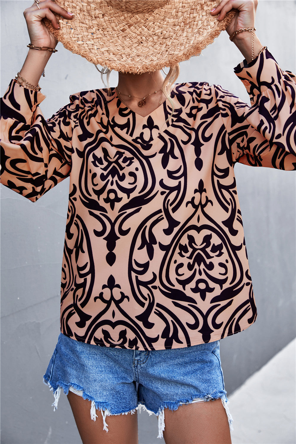 Women's Blouse with Elegant Baroque Pattern and Puff Sleeves