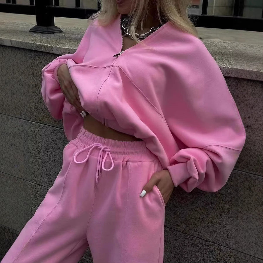 Women's Cropped Hoodie with Half-Zip and High-Waist Joggers