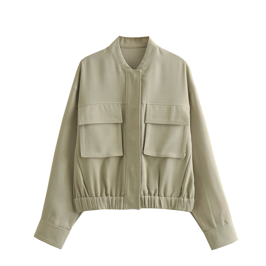Women's Elegant Utility Jacket with Large Pockets and Elastic Hem