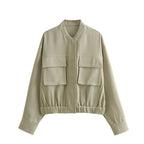 Women's Elegant Utility Jacket with Large Pockets and Elastic Hem
