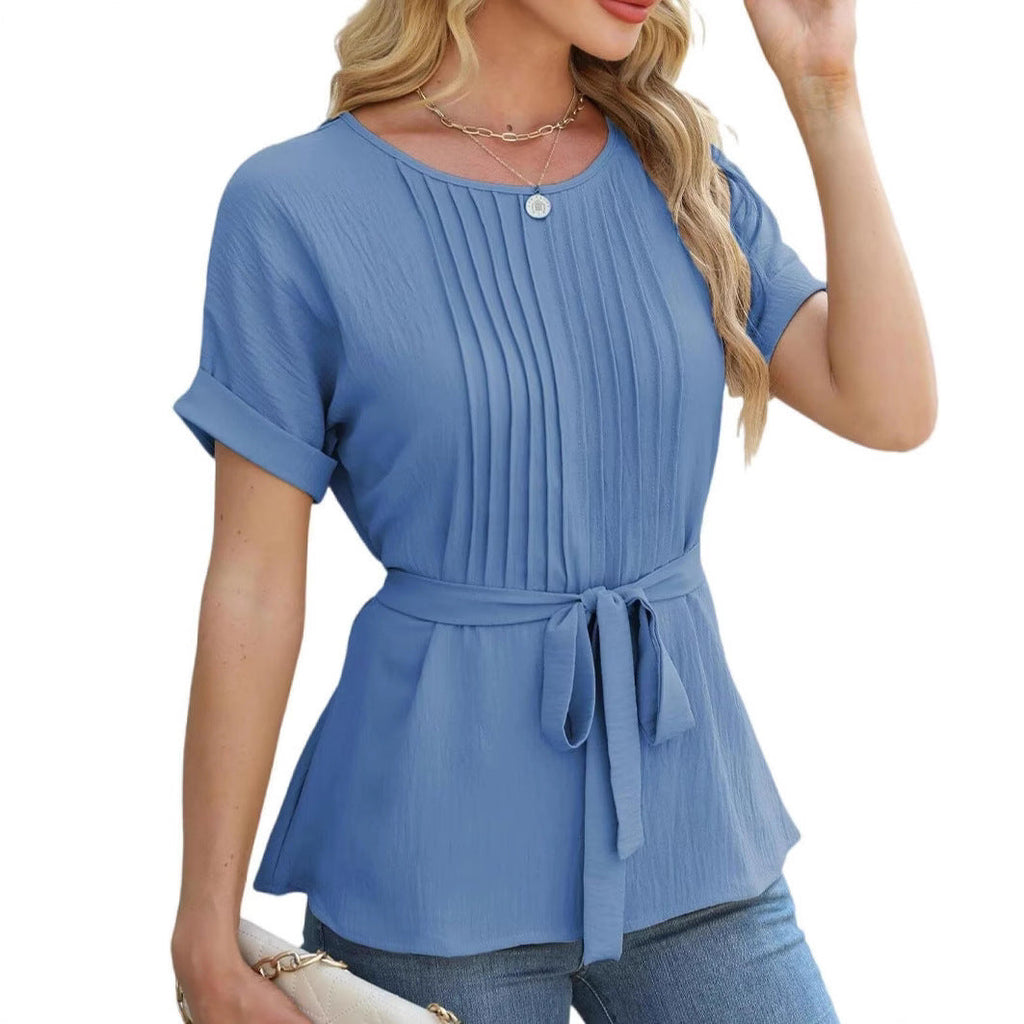 Elegant Women's Blouse with Pleated Design and Waist Belt