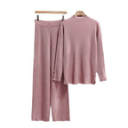 Women's Casual Knit Set with Stand-Up Collar and Button Details