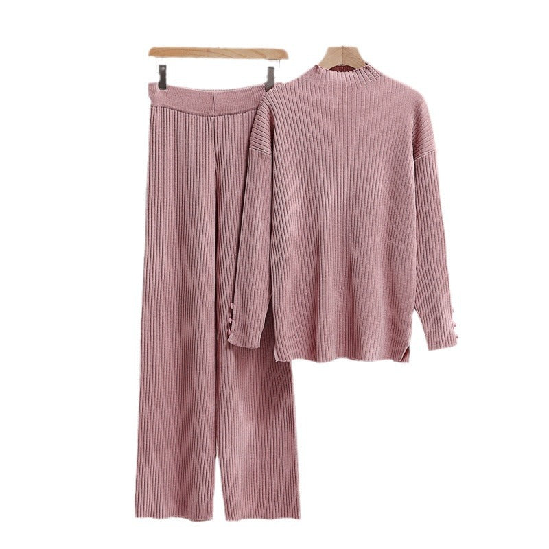 Women's Casual Knit Set with Stand-Up Collar and Button Details