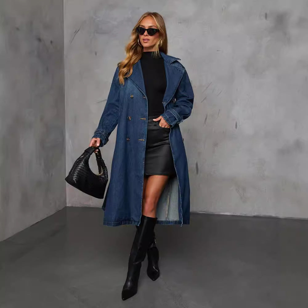 Women's Denim Trench Coat with Belt and Practical Pockets