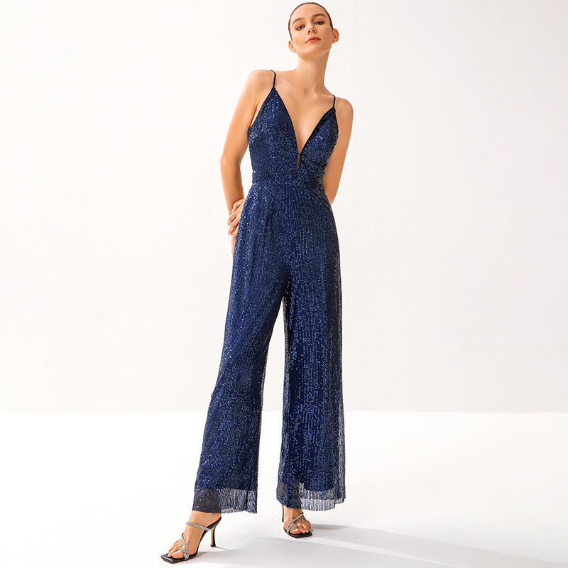 Women's Glittering Jumpsuit with Deep V-Neck and Wide Leg