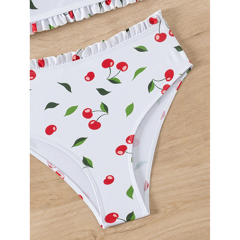 Women's Bandeau Bikini with Cherry Pattern and Ruffle