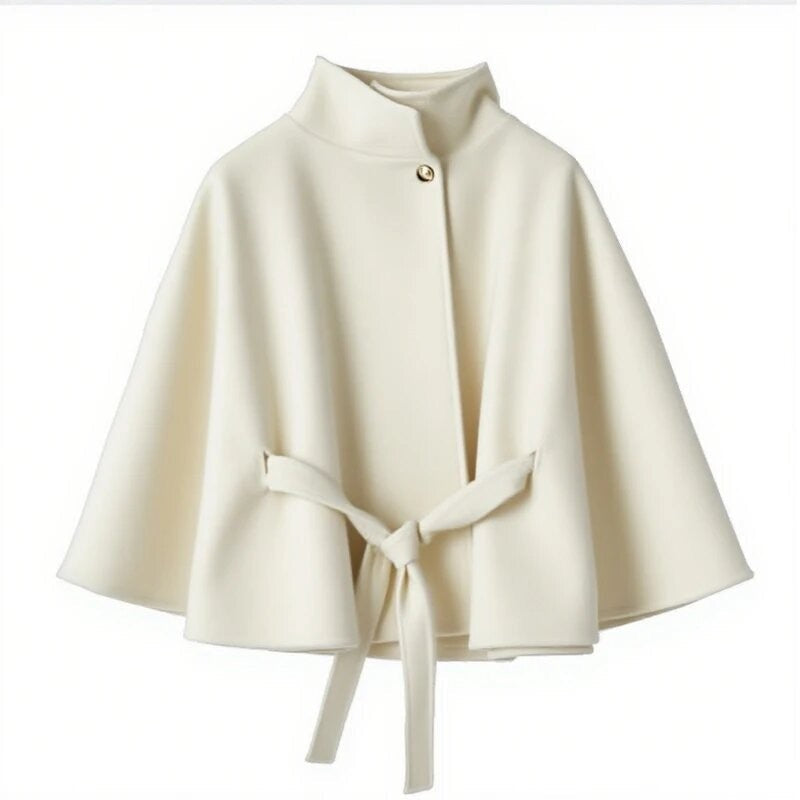 Elegant Cape Jacket with Tie Belt and High Collar