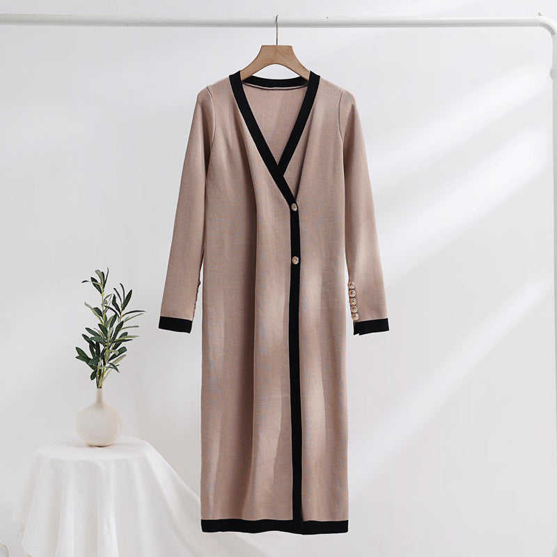 Women's Elegant Knit Coat with Button Details and V-Neck