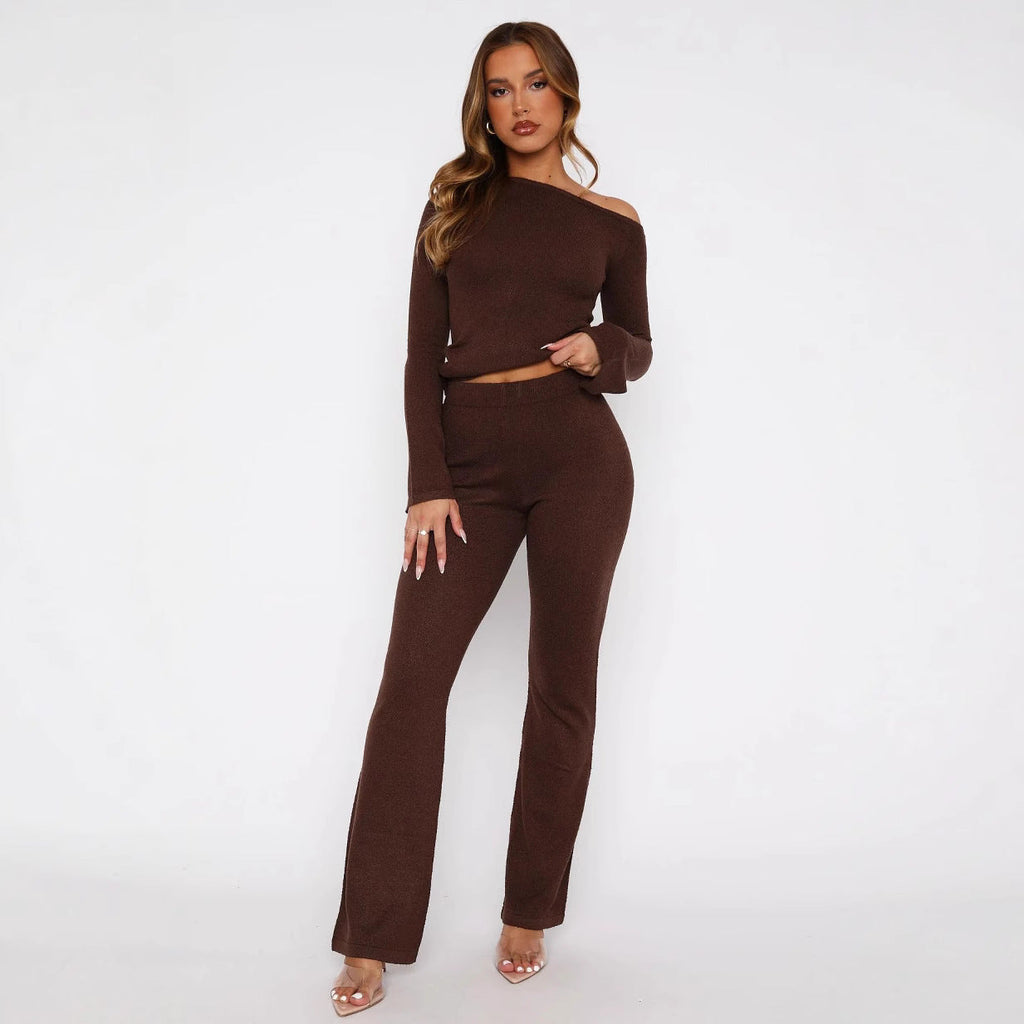 Women's Elegant Knit Set with Off-Shoulder Top and Wide Pants