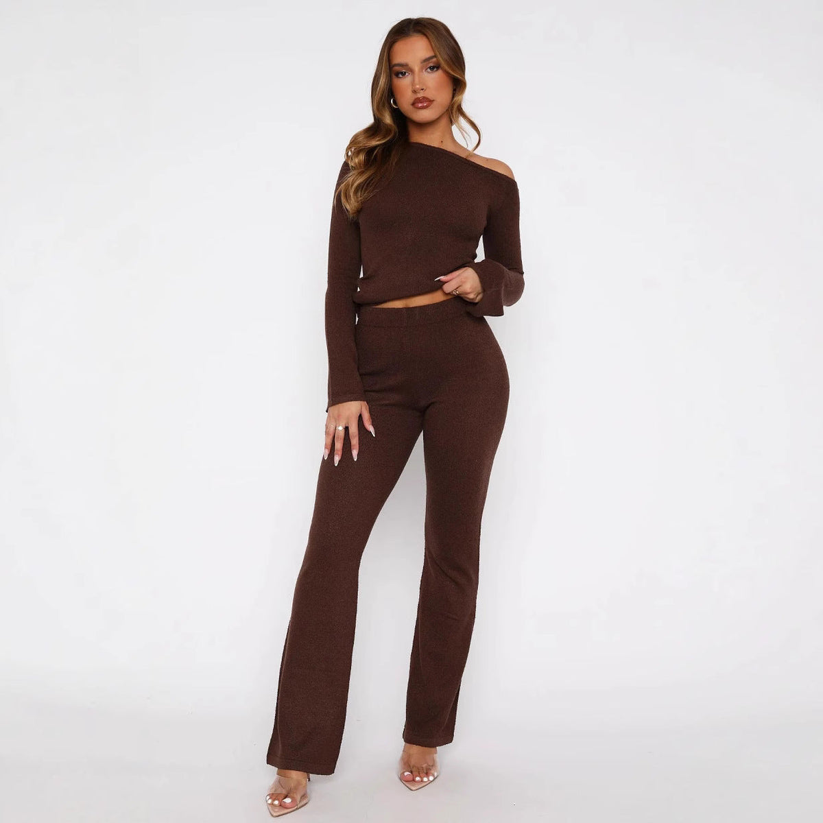 Women's Elegant Knit Set with Off-Shoulder Top and Wide Pants