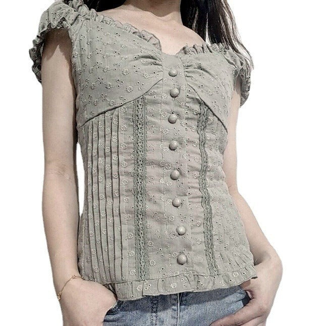 Women's Blouse with Romantic Ruffle Design and Decorative Buttons