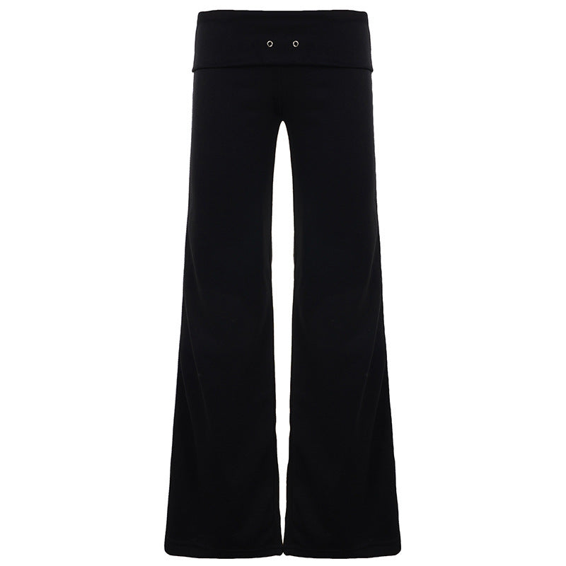 Women's Flowy Palazzo Trousers with High Waist and Decorative Eyelets