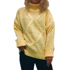 Women's Chunky Knit Sweater with Cable Pattern and High Collar
