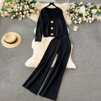 Women's Elegant Knit Loungewear Set with Decorative Buttons and Wide Leg