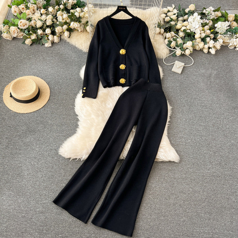 Women's Elegant Knit Loungewear Set with Decorative Buttons and Wide Leg
