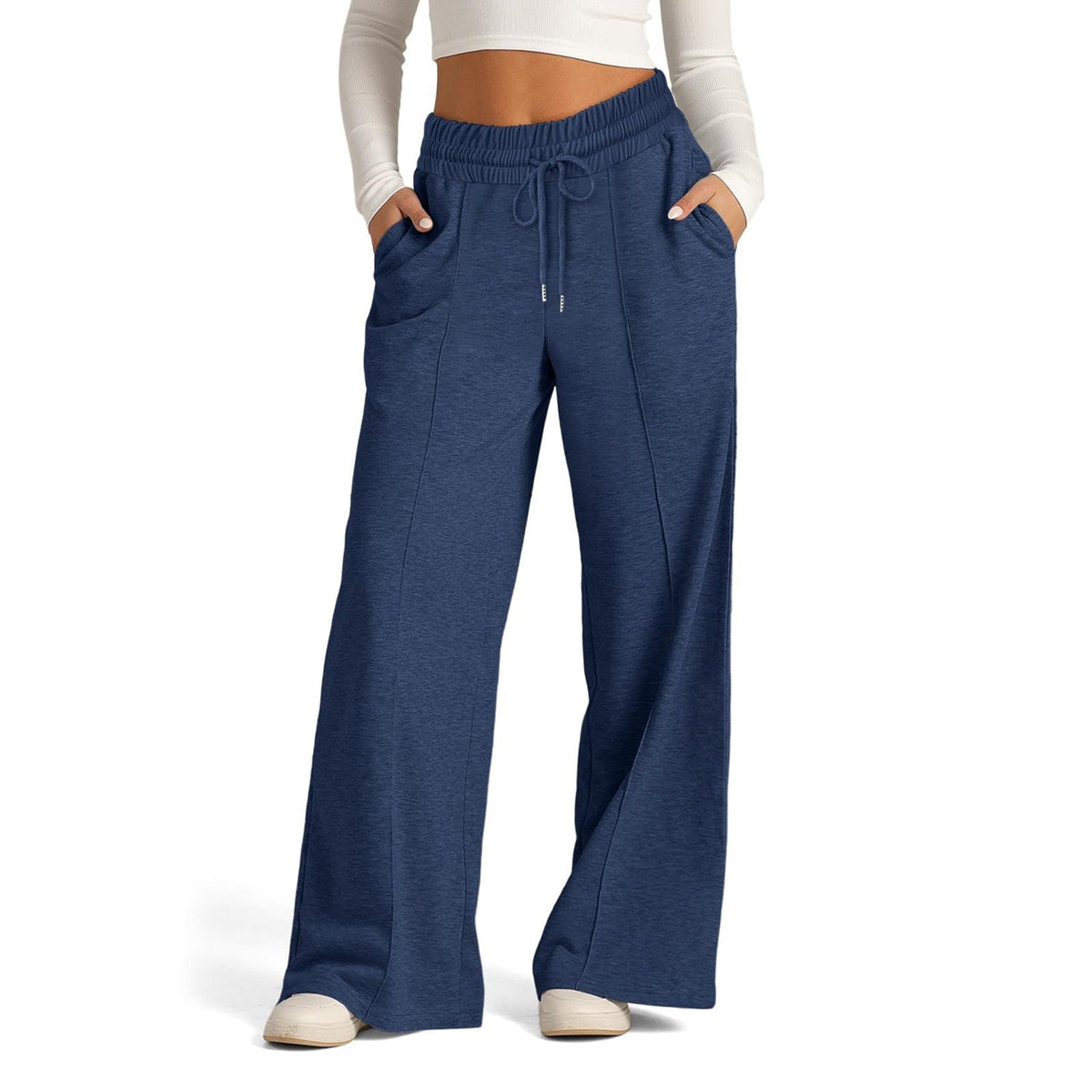 Elegant Wide-Leg Casual Pants with Elastic Waist and Pockets