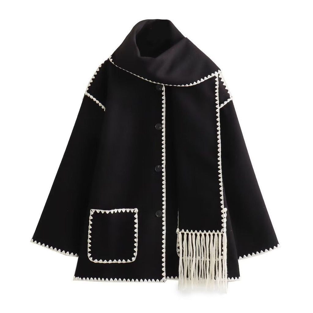 Women's Coat with Fringe Detail and Elegant Button Placket