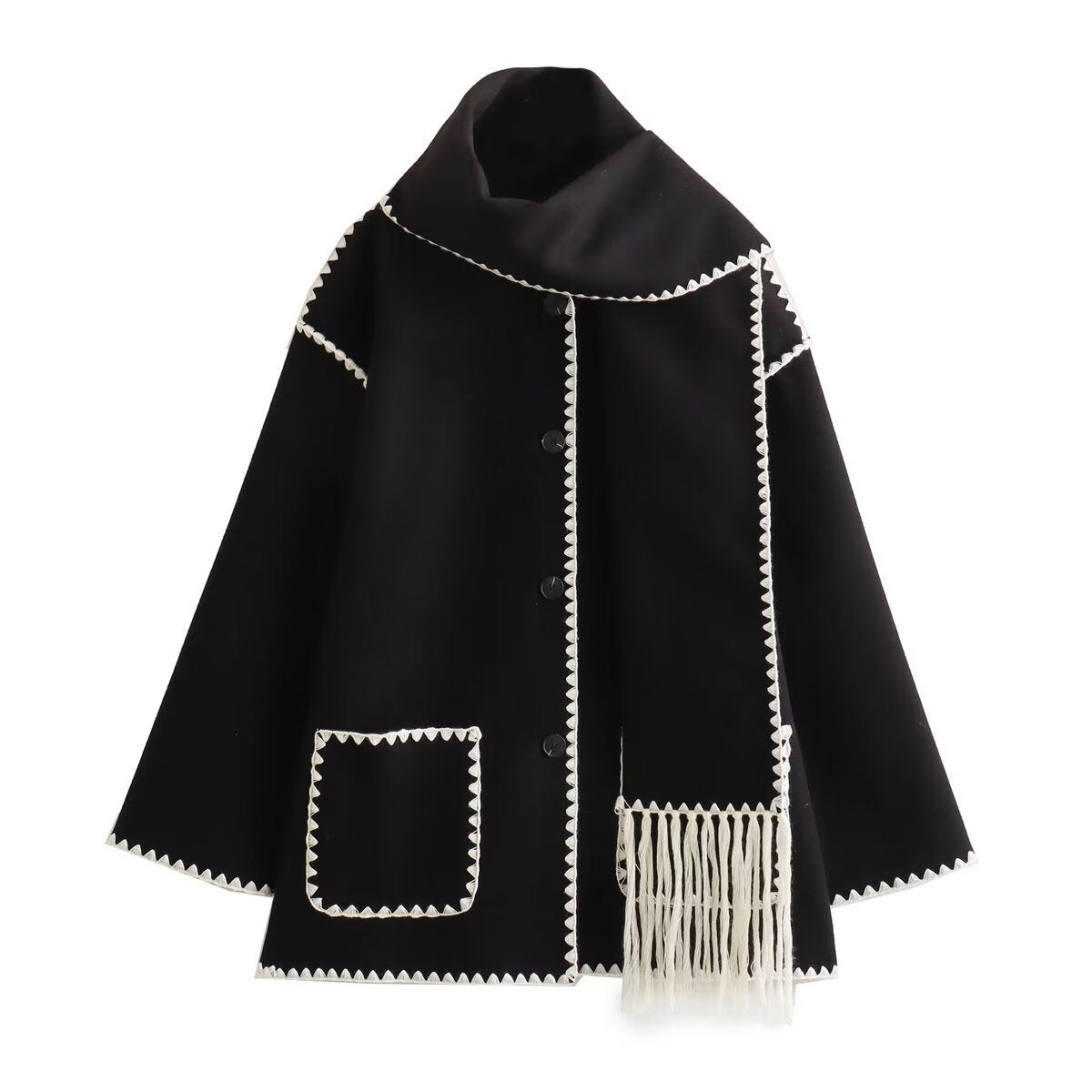 Women's Coat with Fringe Detail and Elegant Button Placket