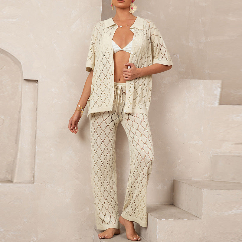 Elegant Knit Suit with Diamond Pattern