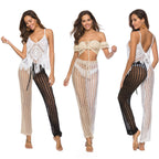 Women's Crochet Beach Pants with Transparent Pattern and Fringe
