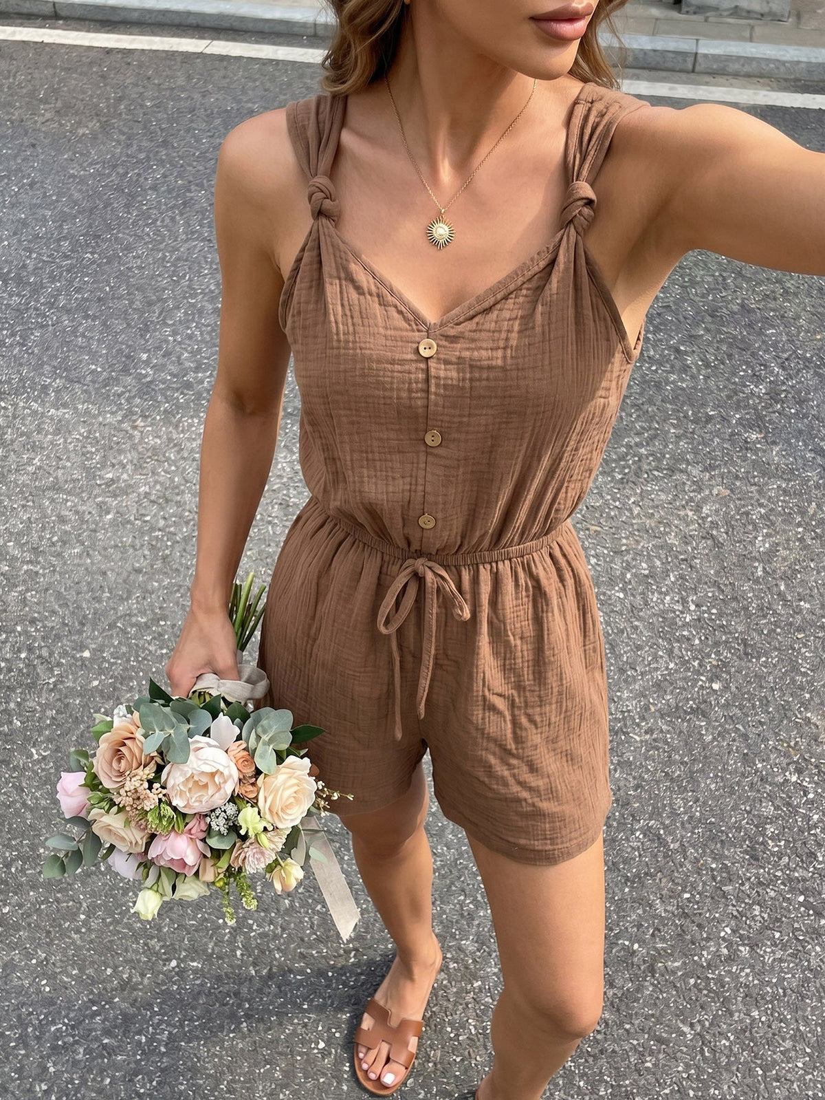 Women's Casual Jumpsuit with Buttoned V-Neck and Elastic Waist
