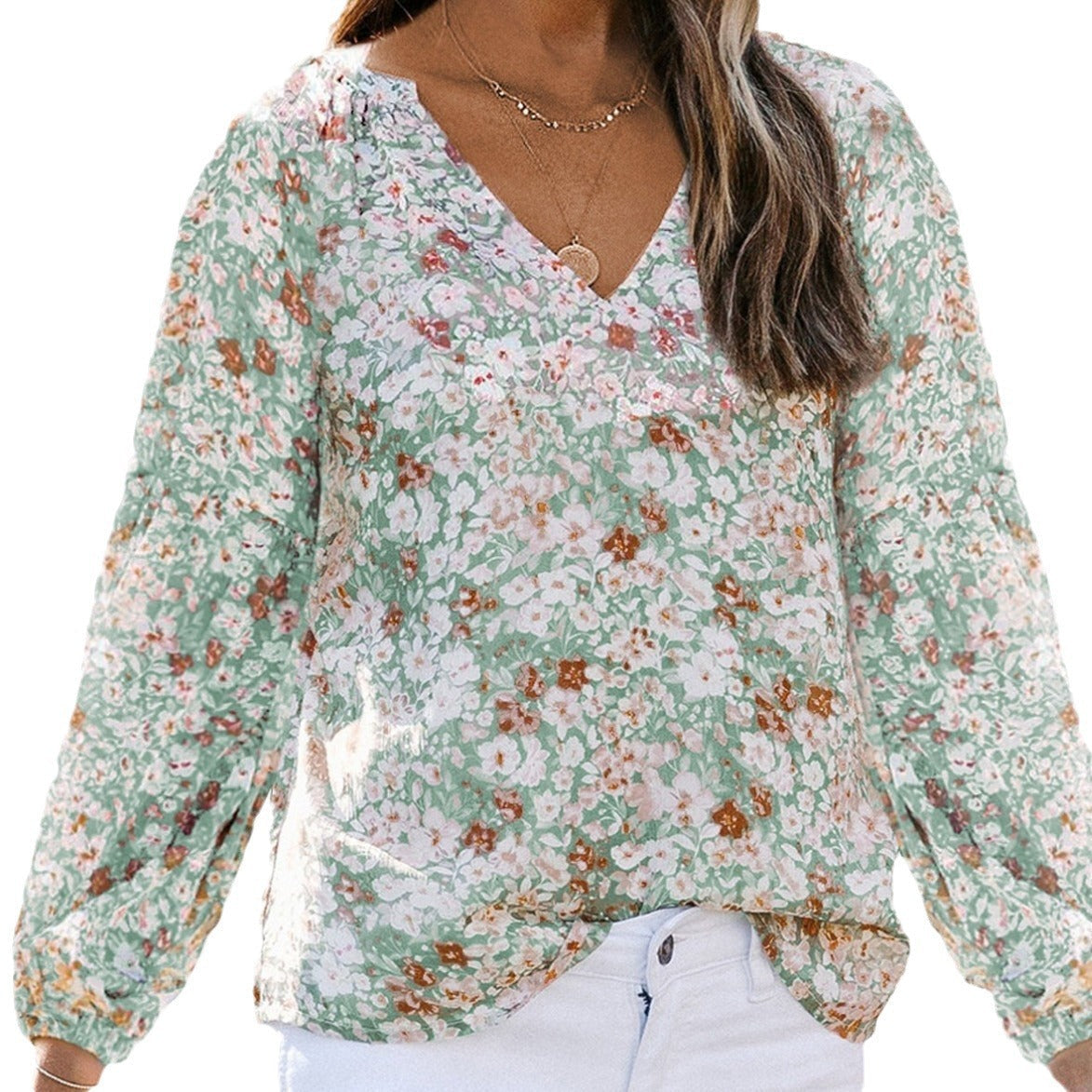 Women's Blouse with Floral Patterns and Airy Sleeves