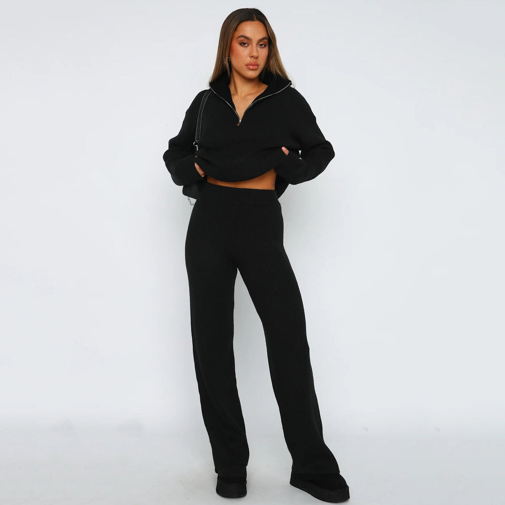 Women's Casual Knit Ensemble with High Collar and Side Zipper