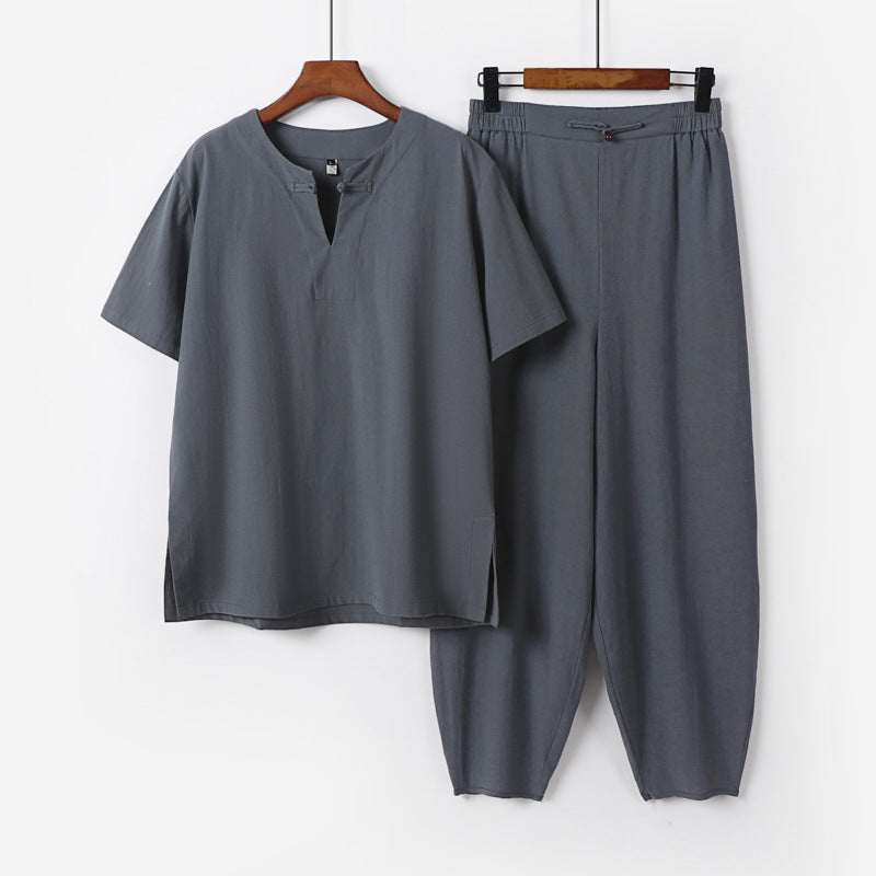 Men's Two-Piece Set with Short Sleeve Stand Collar Shirt and Elastic Harem Pants