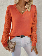Elegant V-Neck Knit Sweater with Crocheted Sleeves