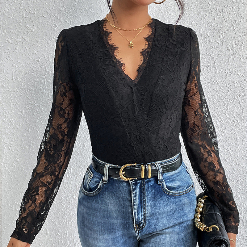 Women's Bodysuit with Romantic Lace and Deep V-Neck